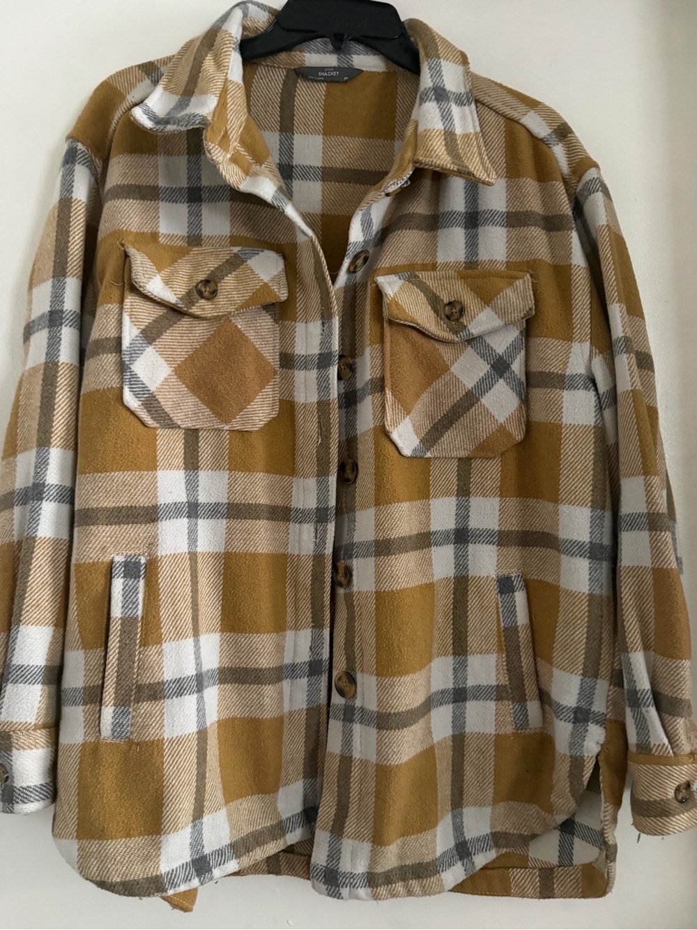 Plaid Button-Front Shacket Jacket in Mustard